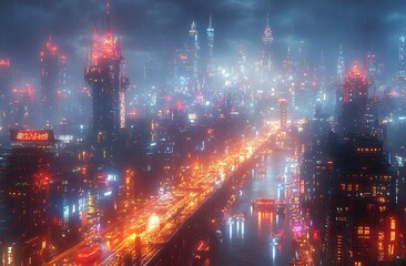 Fototapeta premium Futuristic Neon City Skyline with Fog and Reflections