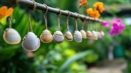 Obraz premium Strands of decorative seashells dangle from a wooden rod, swaying gently amidst a lush garden filled with vibrant flowers and greenery.