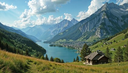 Scenic mountain landscape with lake and rustic cabin