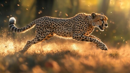A cheetah runs swiftly through golden grass, showcasing its agility and speed in a sunlit environment.
