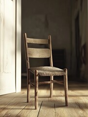 Rustic charm, An old wooden chair bathed in soft light by a doorway