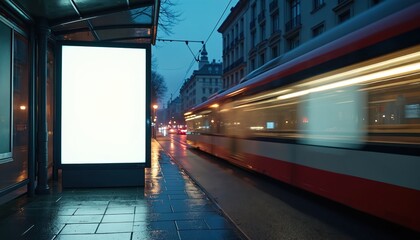 Urban night scene with blank billboard at bus stop. Lights reflect on wet sidewalk after rain. Tramway moves with motion blur. Modern city with commercial potential.