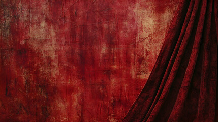 Red velvet curtain drapes against a textured, grunge backdrop, ideal studio photography background