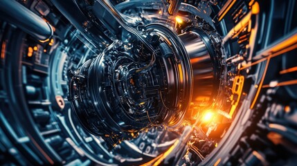 Fototapeta premium A futuristic and complex engine, with intricate mechanical components and glowing lights