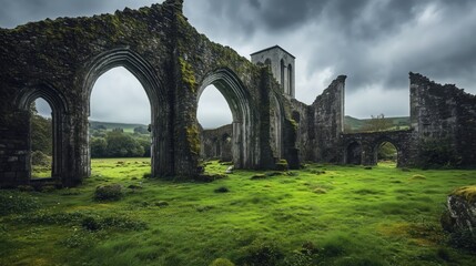 Timeworn stone walls and crumbling archways of the abbey create a hauntingly beautiful scene, where nature slowly reclaims the historic site.