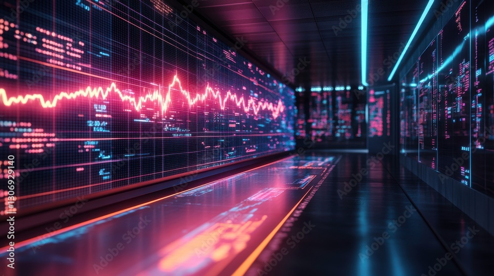 Poster a futuristic corridor displaying vibrant data visualizations and digital graphs, illuminated with ne