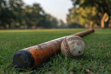 A rounders bat lying on a grassy field, sports and casual, everyday scene