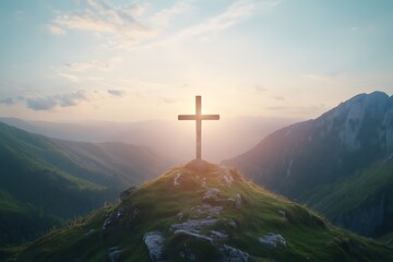 Wooden cross stands atop a mountain peak surrounded by nature views
