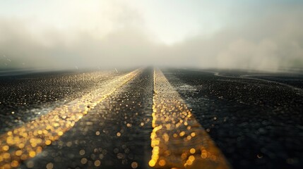 Ethereal highway perspective on a foggy morning with shimmering yellow lines