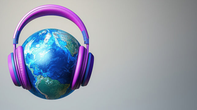 vibrant illustration of planet Earth wearing purple headphones, symbolizing global music and connection. image evokes sense of unity through sound and culture