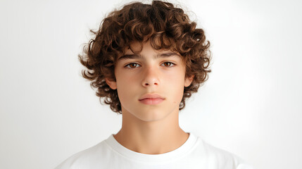 young man with curly hair and brown eyes, wearing a white t-shirt against a white background