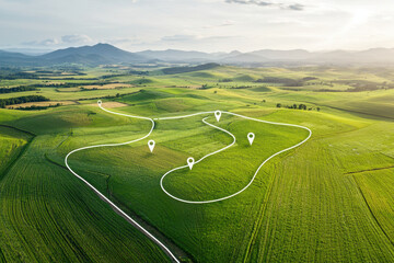 Aerial view of green farmland with zoning markers indicating property boundaries. landscape features rolling hills and serene atmosphere, perfect for development or agriculture