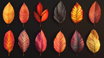A collection of fall leaves in shades of red, orange, and yellow, vibrant and rich, ultra-detailed, 4k