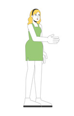 Blonde woman in green dress extending hand for handshake 2D cartoon character. Caucasian girl welcoming and friendly greeting gesture flat vector person isolated on white. Spot illustration colorful