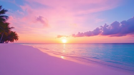 Fototapeta premium sunset over a white sandy beach with palm trees, colors in the sky, tranquil and romantic,