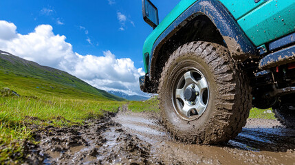 Naklejka premium exhilarating action shot capturing rugged 4x4 vehicle navigating through muddy terrain under bright blue sky. powerful tires grip wet ground, showcasing off road adventure