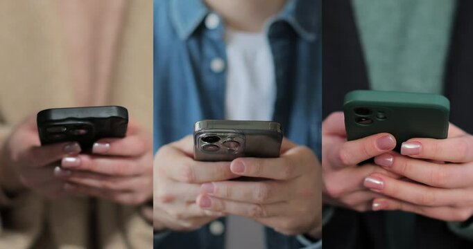 Multiscreen on people using smartphone in everyday life. People using the mobile phone. No-mobile-phone phobia. Multiscreen footage. Split screen variation.