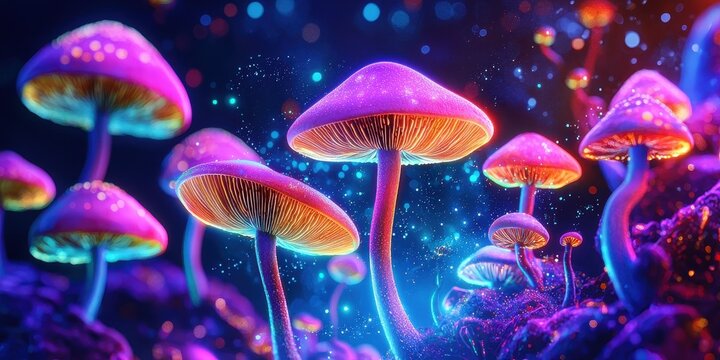Psychedelic colorful mushrooms floating with vibrant glow on a neon background
