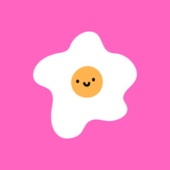 Cute fried egg isolated on a bright pink background. Vector hand-drawn flat illustration. Kawaii character. Perfect for various designs, stickers, decorations, cards, logo, menu, recipes.