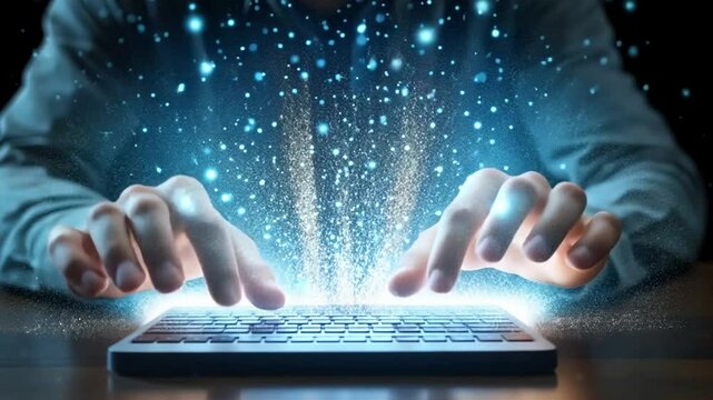 Covert hacker typing rapidly, futuristic cyber attack, anonymous cybersecurity breach, digital espionage, hacking in progress, high-tech cybercrime concept.