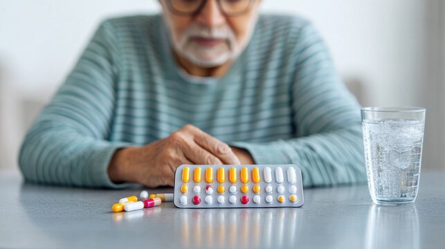 An elderly man sorts his daily medication from a pill organizer, reflecting the importance of managing health in later years.