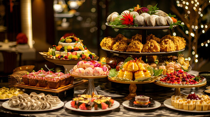 Assortment of Delicious Pastries and Cakes on a Luxurious Buffet Table