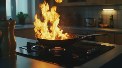 Kitchen fire, flaming pan, cooking accident