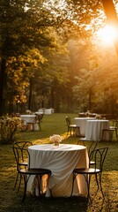Outdoor dining tables set in a forest glade bathed in golden sunlight