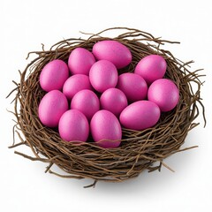Fototapeta premium Realistic 3D Icon Cartoon of a Birds Nest Filled with Tiny Magenta Eggs isolated on clear white background