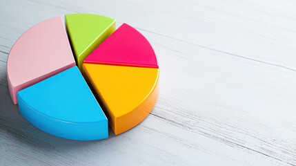 Fototapeta premium Colorful pie chart representing market segmentation on wooden surface, showcasing vibrant segments in pink, green, blue, yellow, and orange