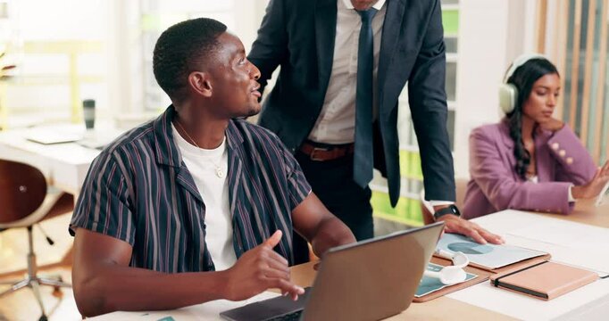 Business, handshake and management talking to employee in office for development, feedback or training. Computer, creative and orientation with people shaking hands at work for friendly welcome