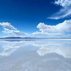 expansive salt flat under a clear blue sky, the ground mirroring the clouds above.