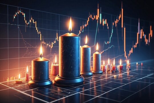 Burning candles on a stock market chart background, modern digital graphics reflecting volatility and movements in the financial market - Powered by Adobe