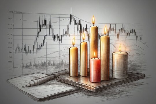 Burning candles on a stock market chart background, modern digital graphics reflecting volatility and movements in the financial market