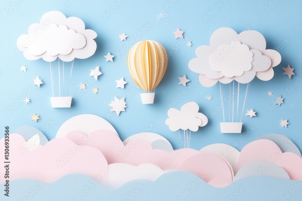 Aufkleber whimsical paper art featuring pastel clouds and floating balloons in a dreamy, playful atmosphere fo