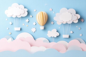 Obraz premium Whimsical paper art featuring pastel clouds and floating balloons in a dreamy, playful atmosphere for creative inspiration Generative AI