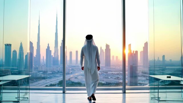 Arab Businessman Walks Towards Window With Dubai Skyline View at Sunset