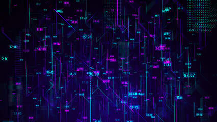 Abstract scientific background. 3D animated composition of intersecting multicolored grids. Information technology concept. Digital cyberspace with rapidly changing numbers. Cloud computing.