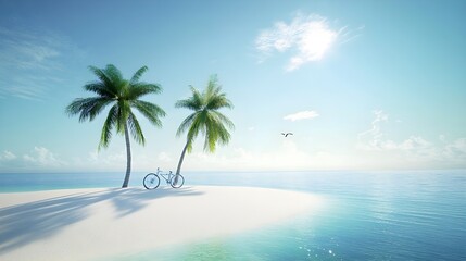 Obraz premium an isolated island with pristine white sand beaches and palm trees swaying in the breeze.