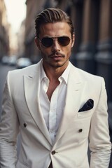 Elegant man in a white suit and sunglasses on a light background, stylish fashion advertisement concept
