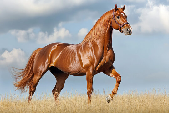 An American Saddlebred horse in a field, elegant and majestic, natural setting.