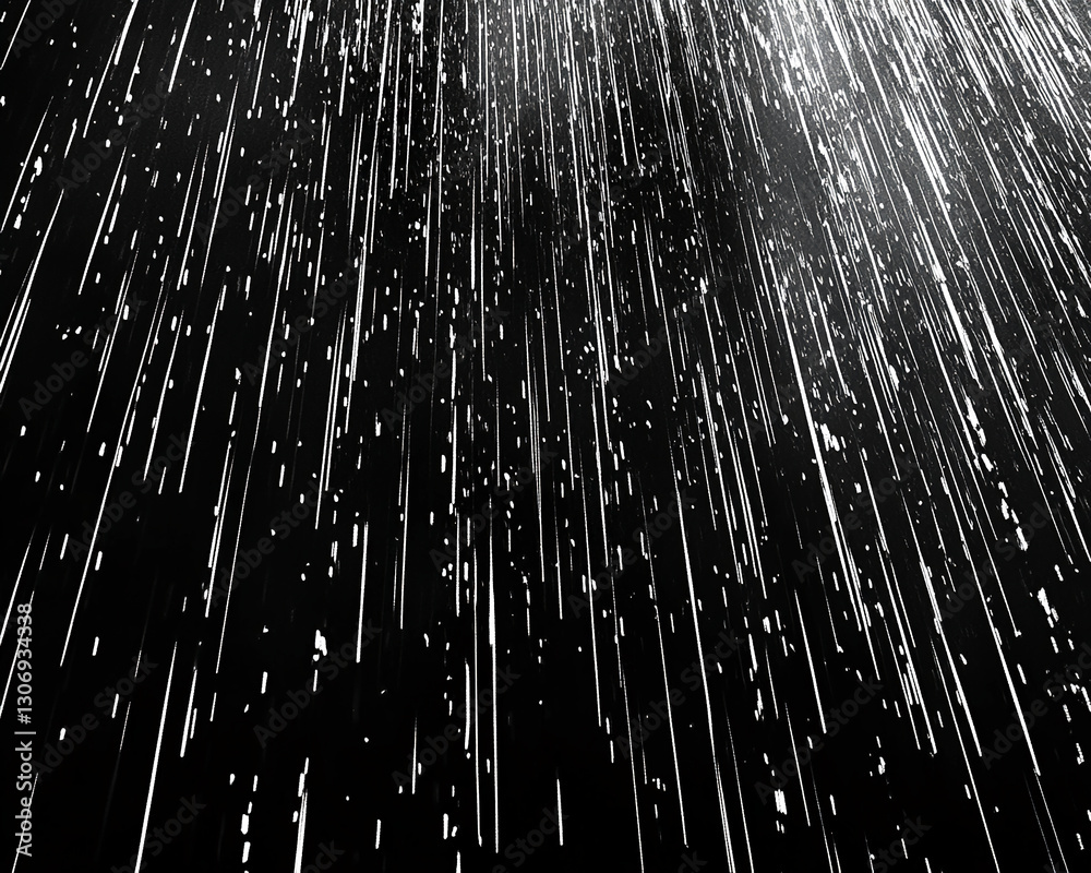 Poster abstract image of white streaks on black background, resembling falling rain or light trails, creati