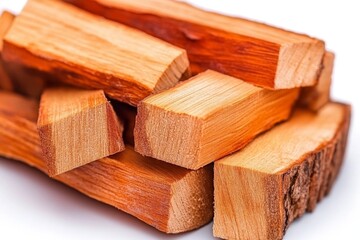 A close-up of freshly chopped firewood, showing the rough bark and smooth cut surfaces