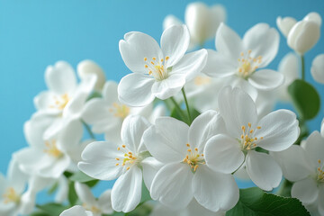 Fototapeta premium An ethereal scene featuring white spring flowers like cherry blossoms against a blue sky.
