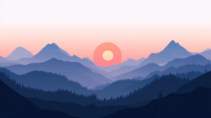 An artistic landscape shows layers of mountains with sunset colors present