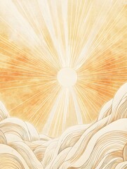 dynamic boho-style illustration featuring a radiant sunburst with flowing wave-like energy lines. 