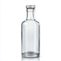 Small transparent glass bottle with minimalist style and realistic reflections isolated on white background