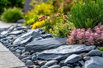 Modern garden design featuring slate stones and colorful plants