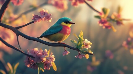 A colorful bird perched on a blooming branch, spring wildlife, ultra-detailed, 4k