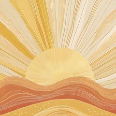 dynamic boho-style illustration featuring a radiant sunburst with flowing wave-like energy lines. 